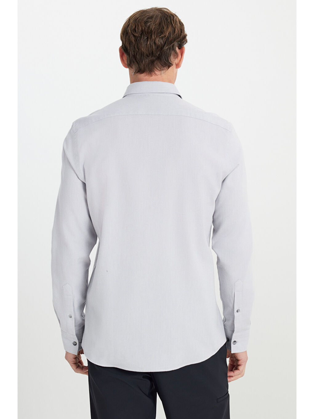 Erkek Açık Gri %100 Pamuk Flanel Slim Fit Dar Kesim Gizli Düğmeli Yaka Gömlek-4