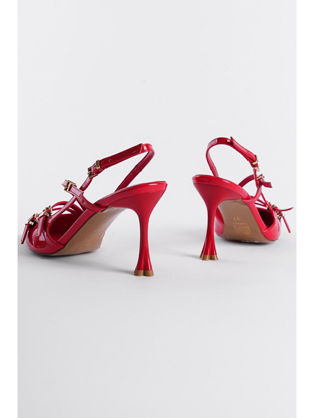 Kırmızı Arkası Açık  Sivri Topuklu Üç Bantlı Kadın Ayakkabı-1