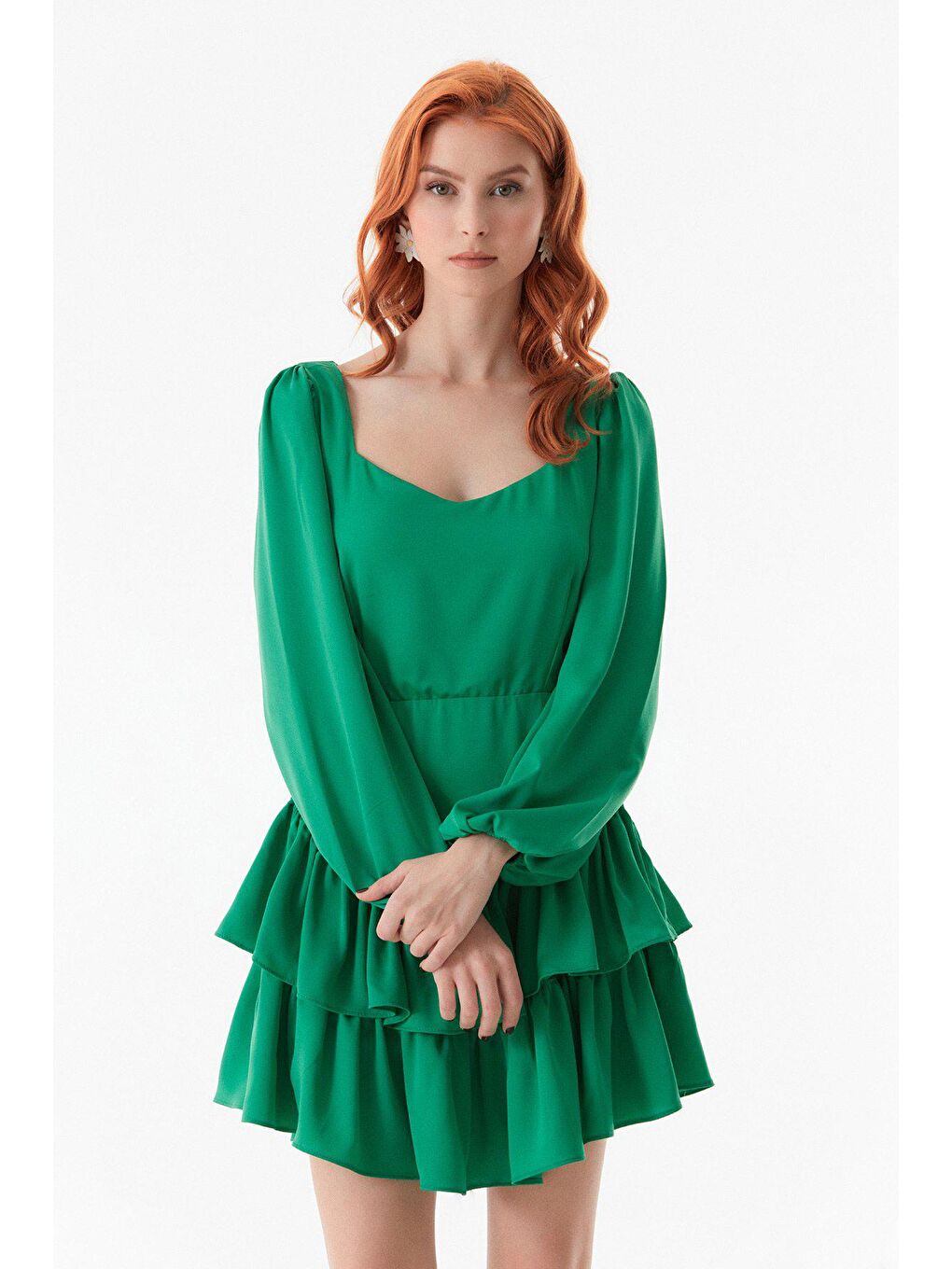 Yeşil Etek Ucu Fırfırlı Elbise-3