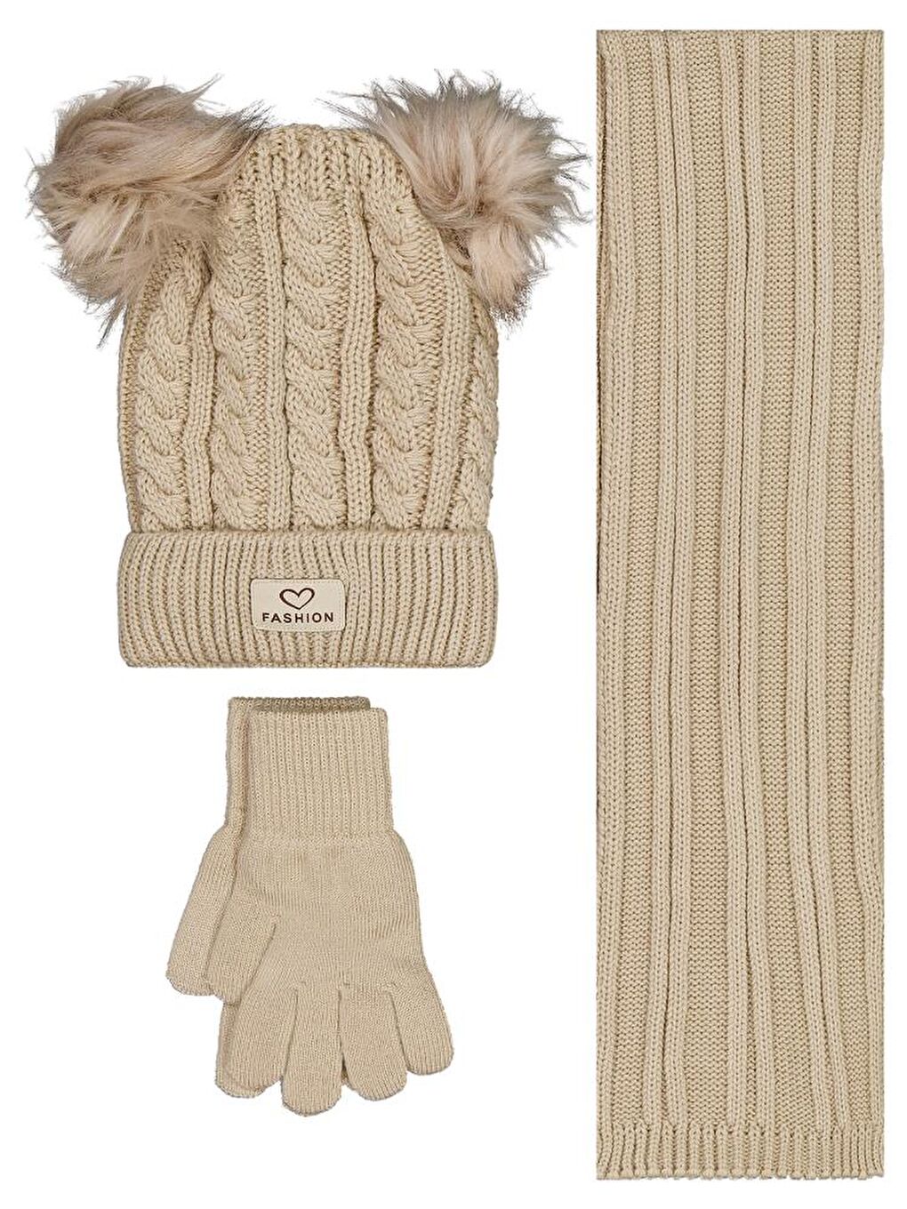 Girls 6-9 Yaş Atkı Bere Eldiven Set - Bej Standart