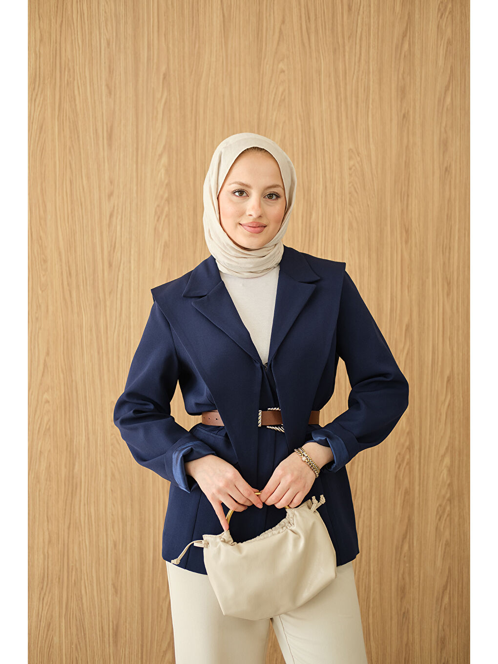 Kadın Kruvaze Yaka Cep Detay Ceket Lacivert-1