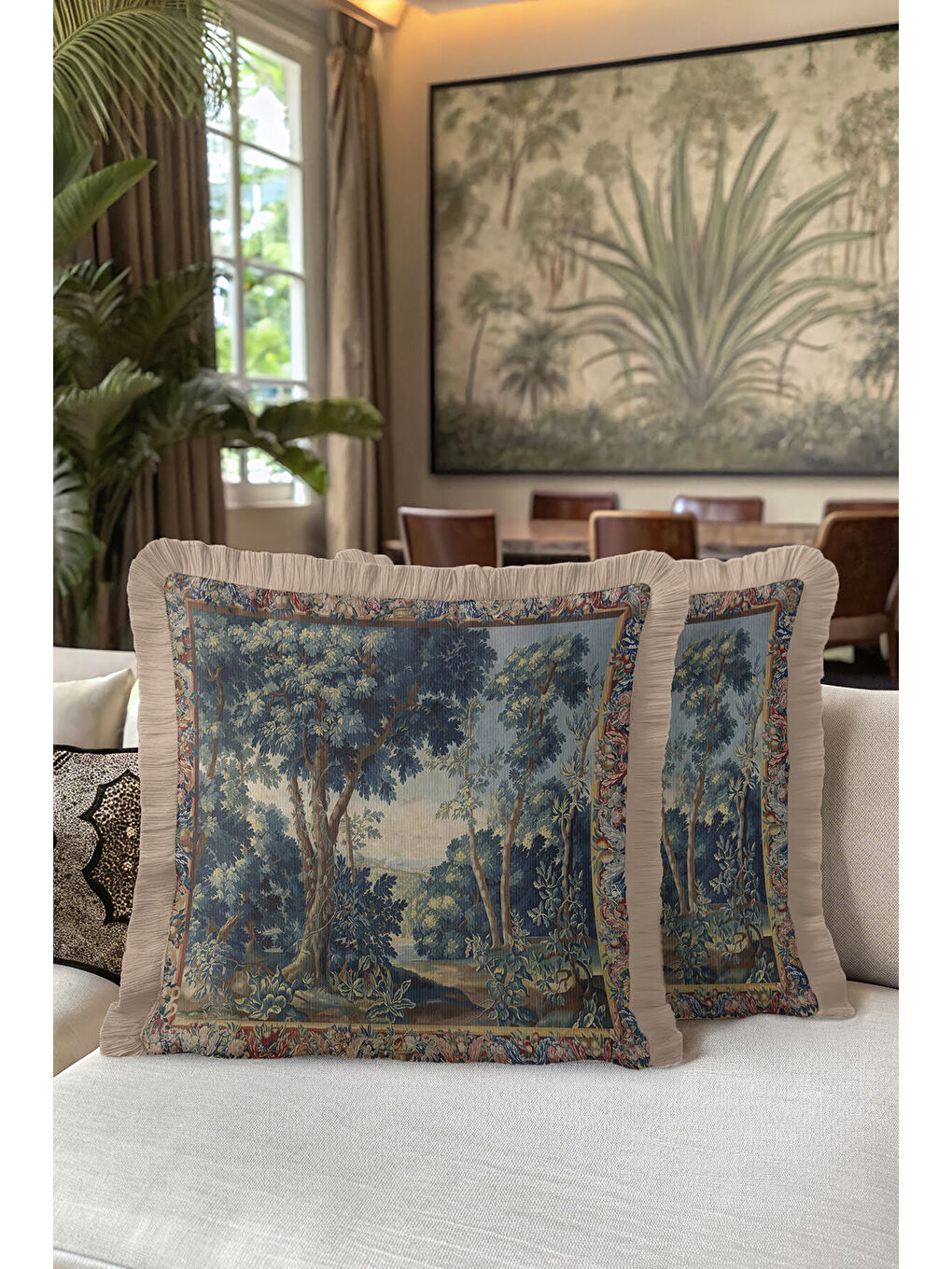 Karışık Barok Vışıl Orman Saçaklı Yastık Kılıfı - Vintage Doğa Tema Klasik Mavi Bej Püsküllü Kırlent Kılıfı-5