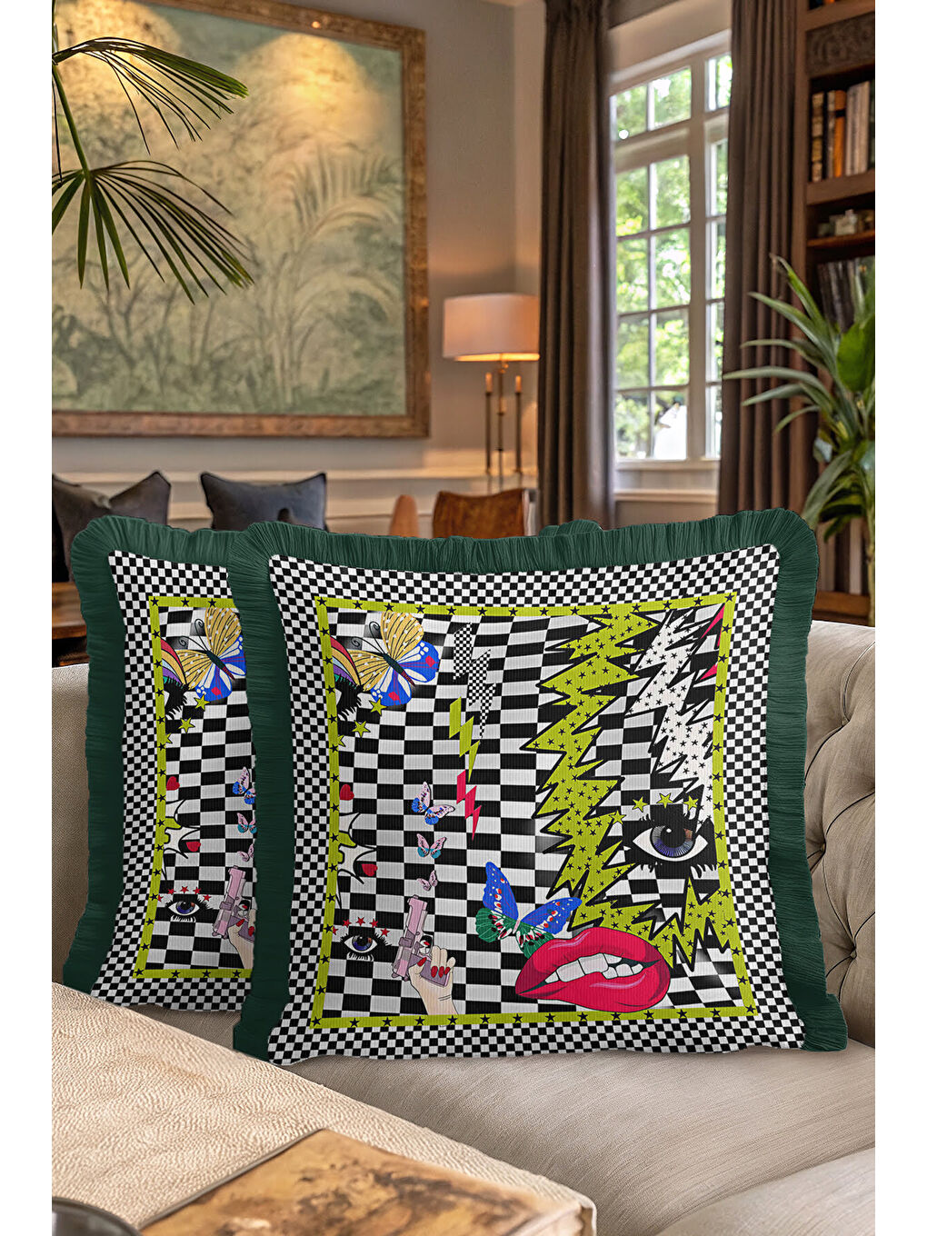 Karışık Pop Art Geometrik Saçaklı Yastık Kılıfı - Punk Enerjisi Bohem Siyah Yeşil Püsküllü Kırlent Kılıfı-7