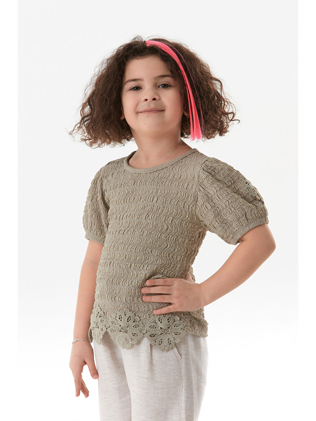Bej Beli Güpürlü Balon Kol Kız Çocuk Bluz-1