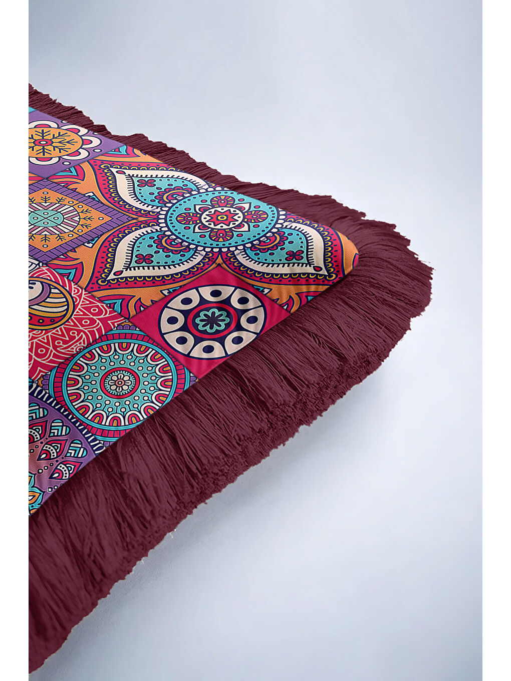 Karışık Etnik Mozaik Renkli Saçaklı Yastık Kılıfı - Mandala Bohem Mor Turkuaz Püsküllü Kırlent Kılıfı-6