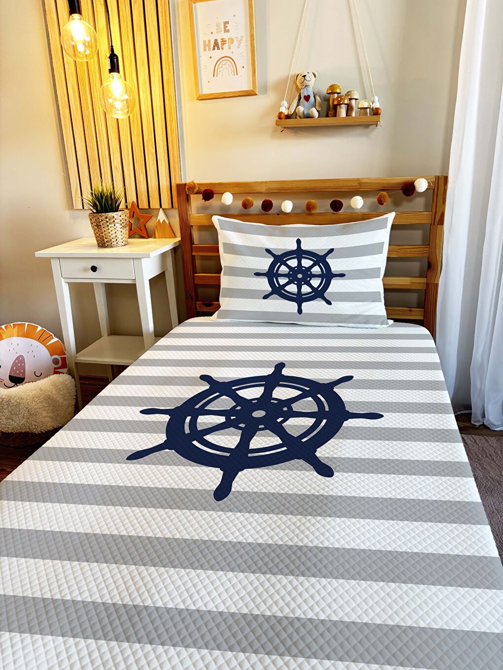 Karışık Marin ve Çıpa Desen Tek Kişilik Çocuk Pike Takımı 160x220 cm-2