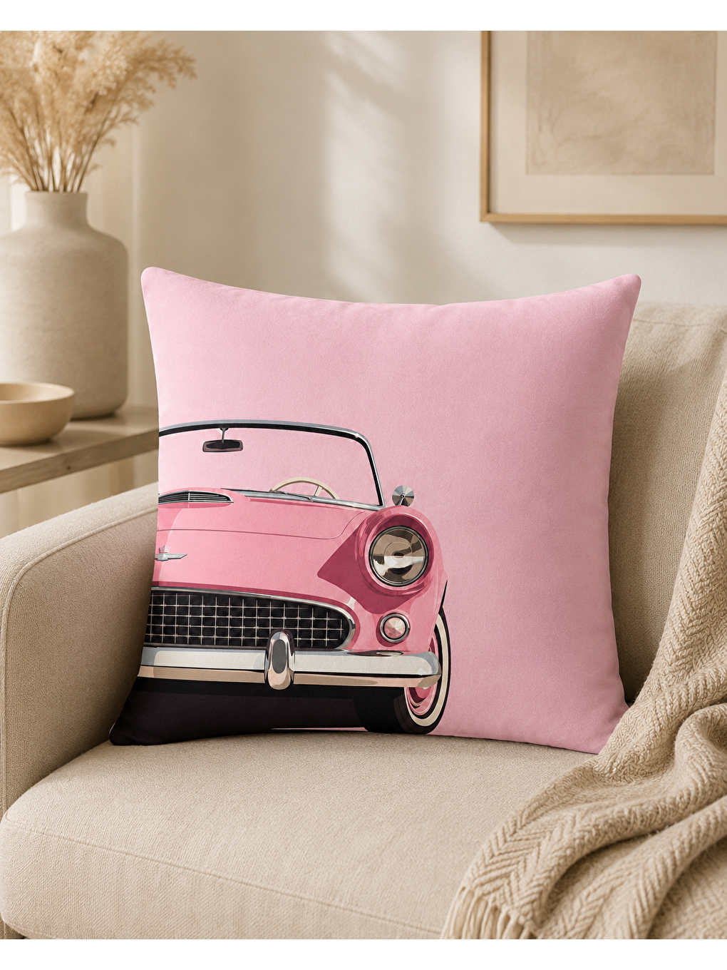 Vintage Pembe Otomobil Baskılı Dekoratif Kırlent Kılıfı 43x43 Cm Retro Salon Dekoru-2