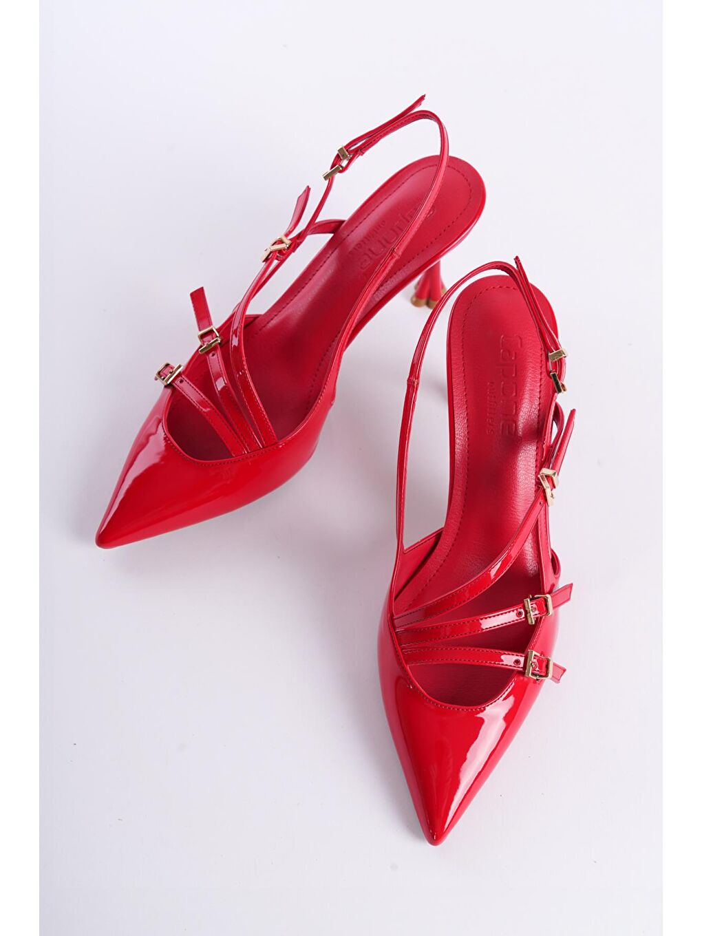 Kırmızı Arkası Açık  Sivri Topuklu Üç Bantlı Kadın Ayakkabı-2