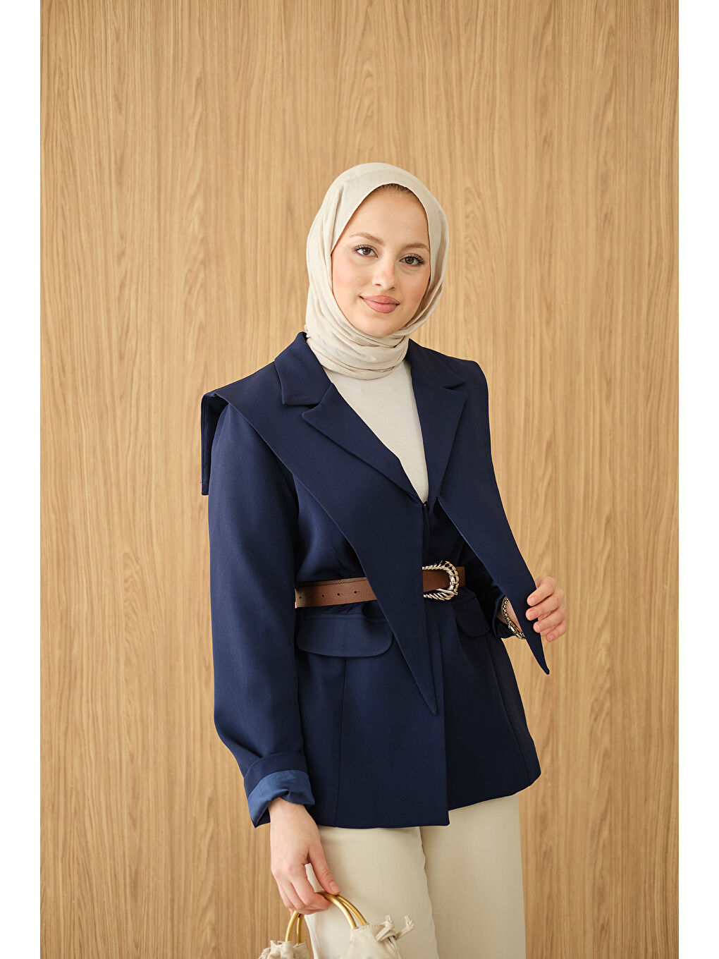 Kadın Kruvaze Yaka Cep Detay Ceket Lacivert-3