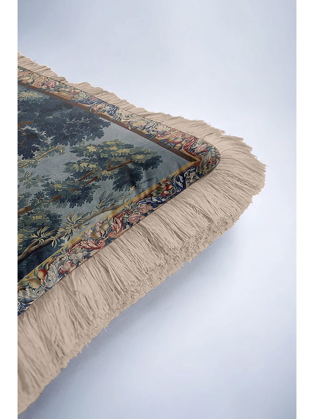 Karışık Barok Vışıl Orman Saçaklı Yastık Kılıfı - Vintage Doğa Tema Klasik Mavi Bej Püsküllü Kırlent Kılıfı-6