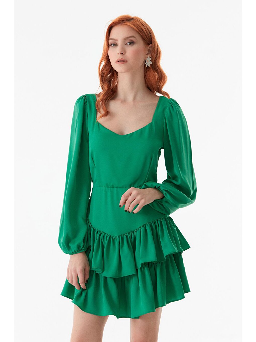 Yeşil Etek Ucu Fırfırlı Elbise-4