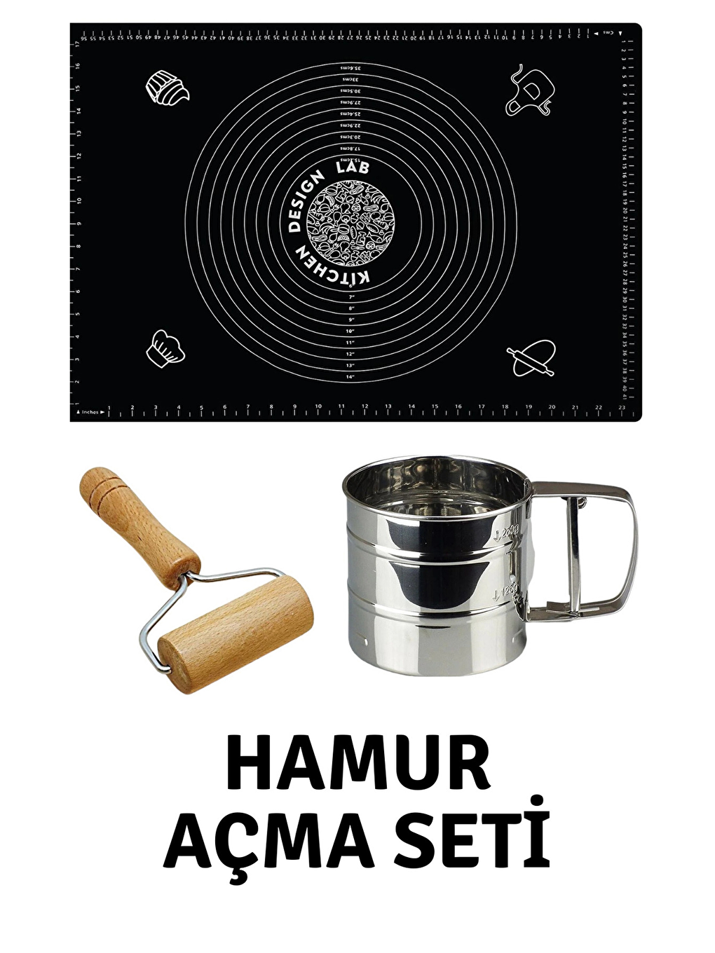 Siyah 45x65 Cm Silikon Hamur Açma Matı, Çelik Un Eleği ve Ahşap Saplı Hamur Açıcı