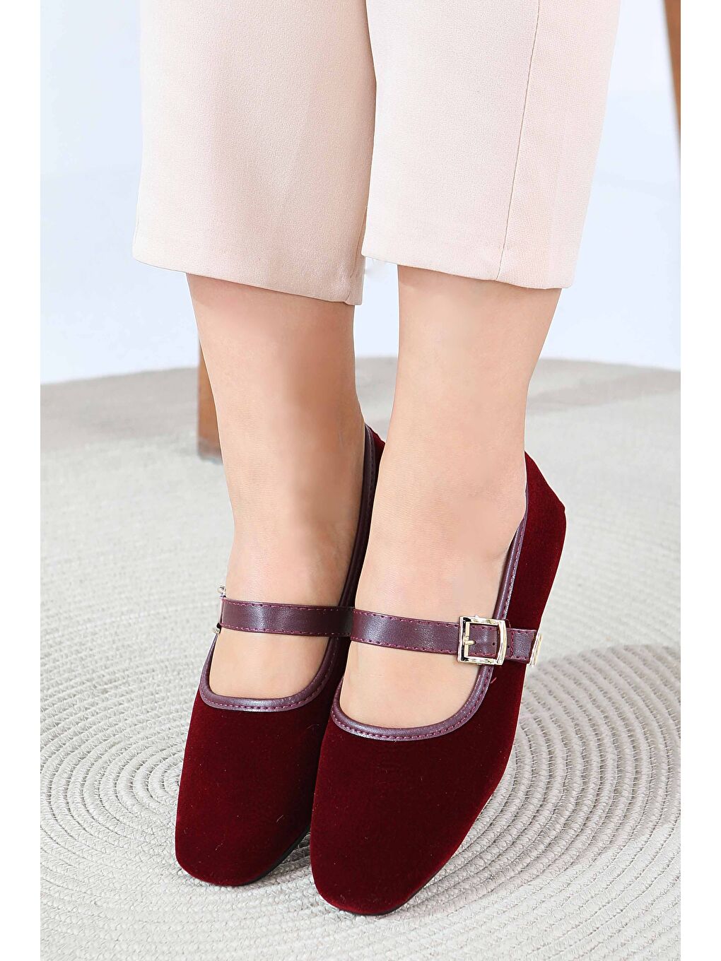 Kadın Bordo Kemerli Süet Babet - 27791-BORDO-1