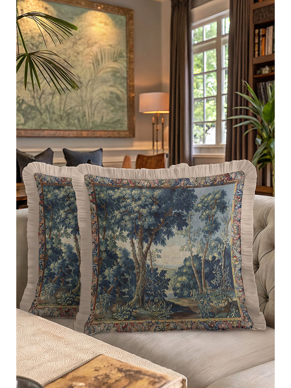 Karışık Barok Vışıl Orman Saçaklı Yastık Kılıfı - Vintage Doğa Tema Klasik Mavi Bej Püsküllü Kırlent Kılıfı-7