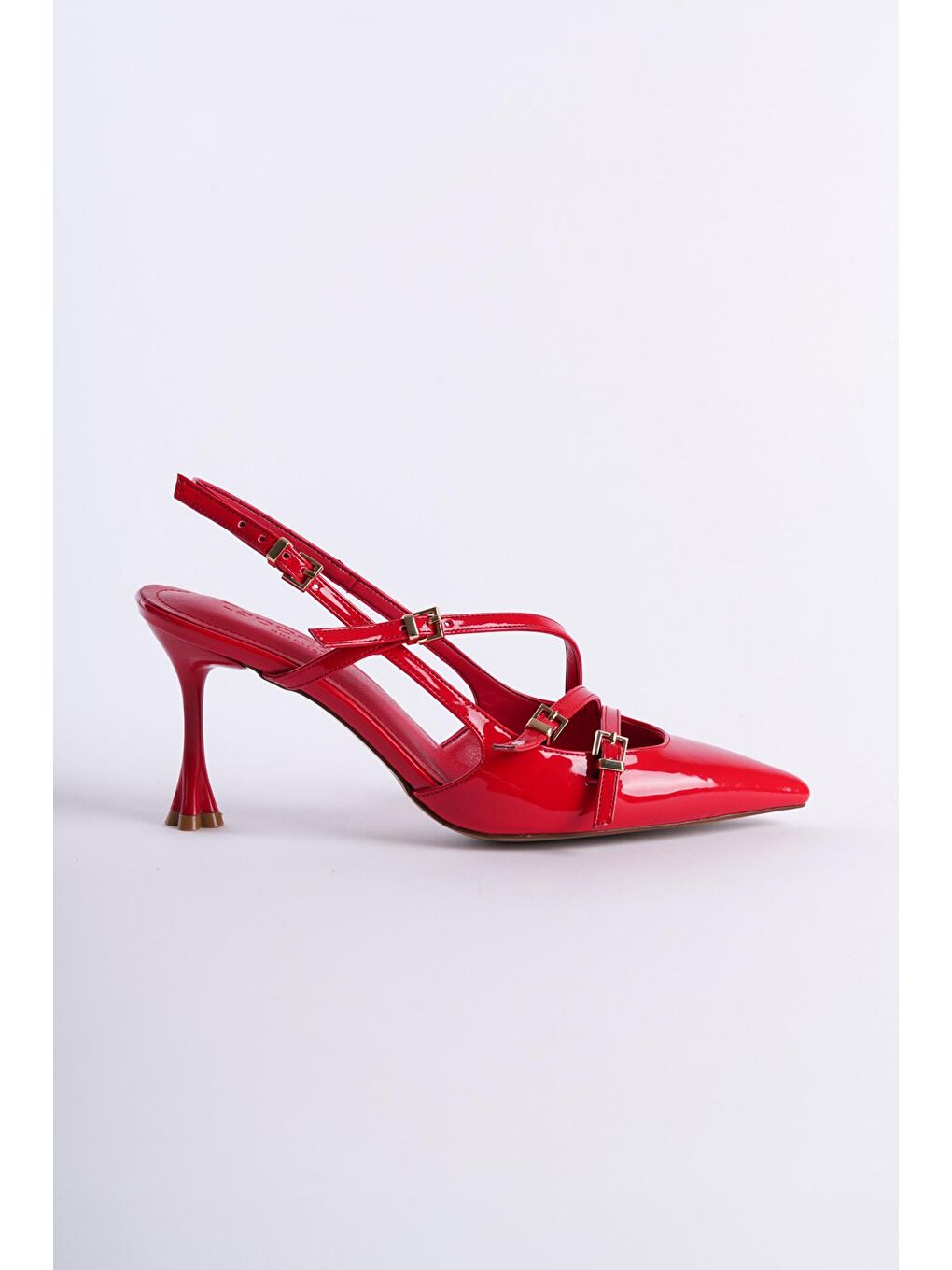 Kırmızı Arkası Açık  Sivri Topuklu Üç Bantlı Kadın Ayakkabı-3