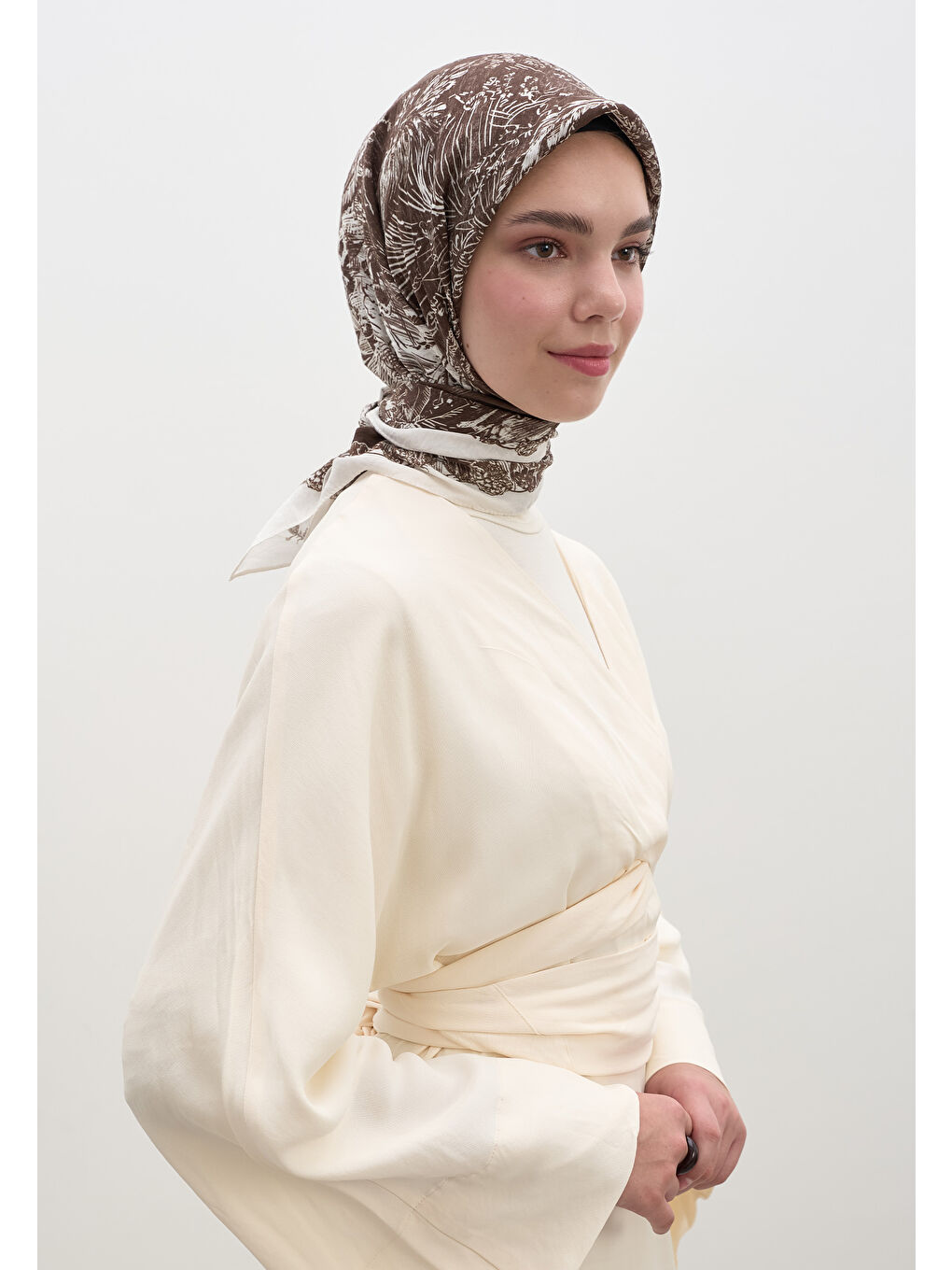 Kahverengi Secret Elegance Desen Pamuklu Viskon Eşarp Acı Kahve