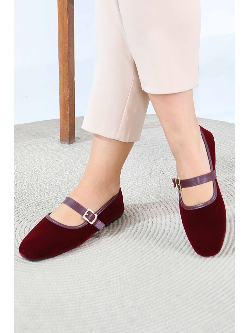 Kadın Bordo Kemerli Süet Babet - 27791-BORDO-2