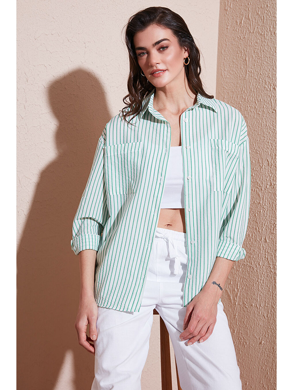 Yeşil Regular Fit Uzun Kollu Çizgili Gömlek 6772875