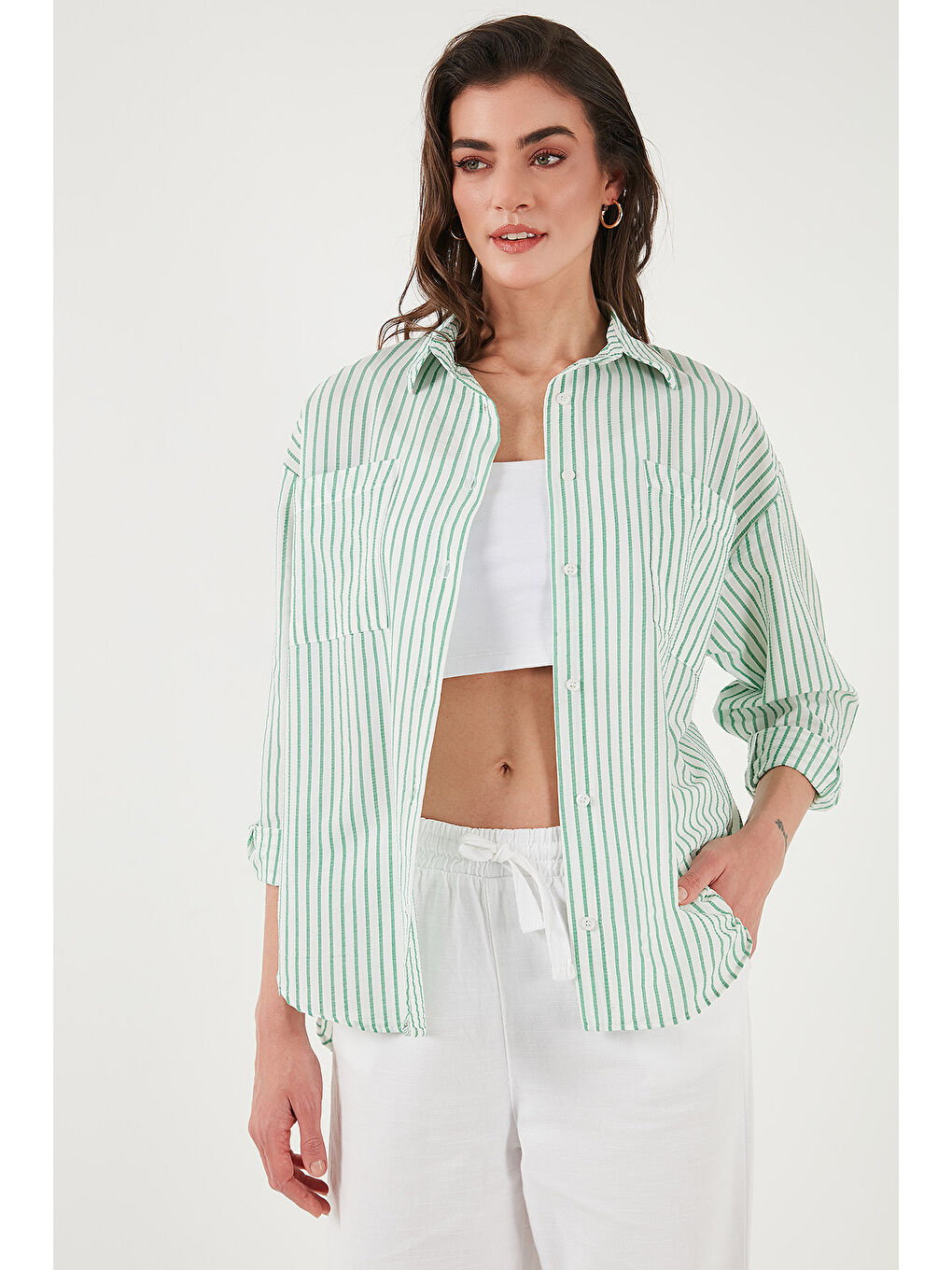 Yeşil Regular Fit Uzun Kollu Çizgili Gömlek 6772875-1