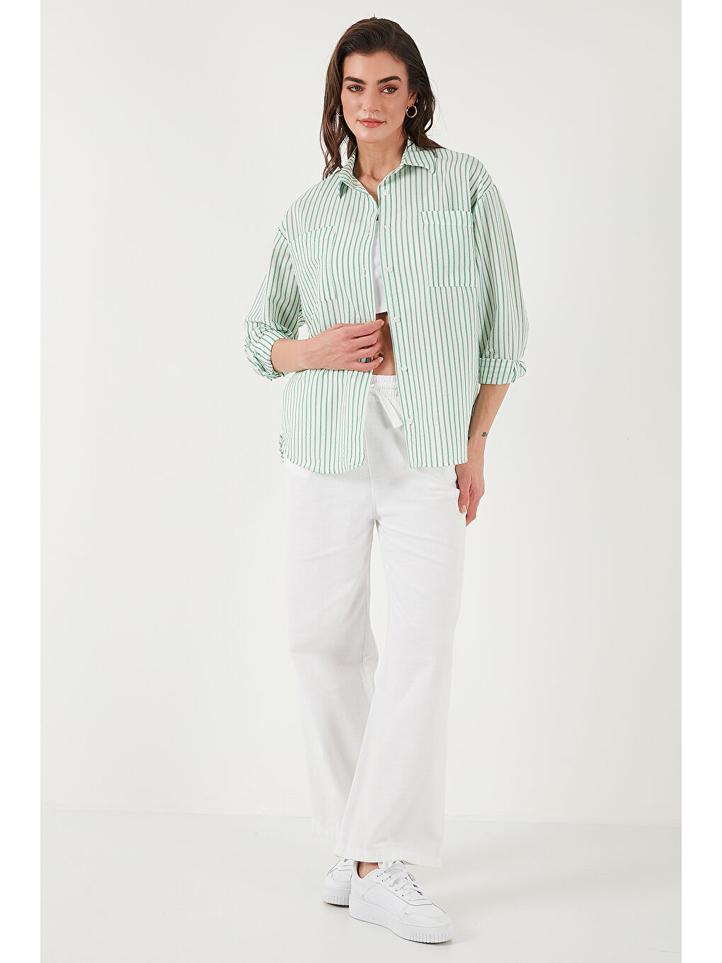 Yeşil Regular Fit Uzun Kollu Çizgili Gömlek 6772875-2