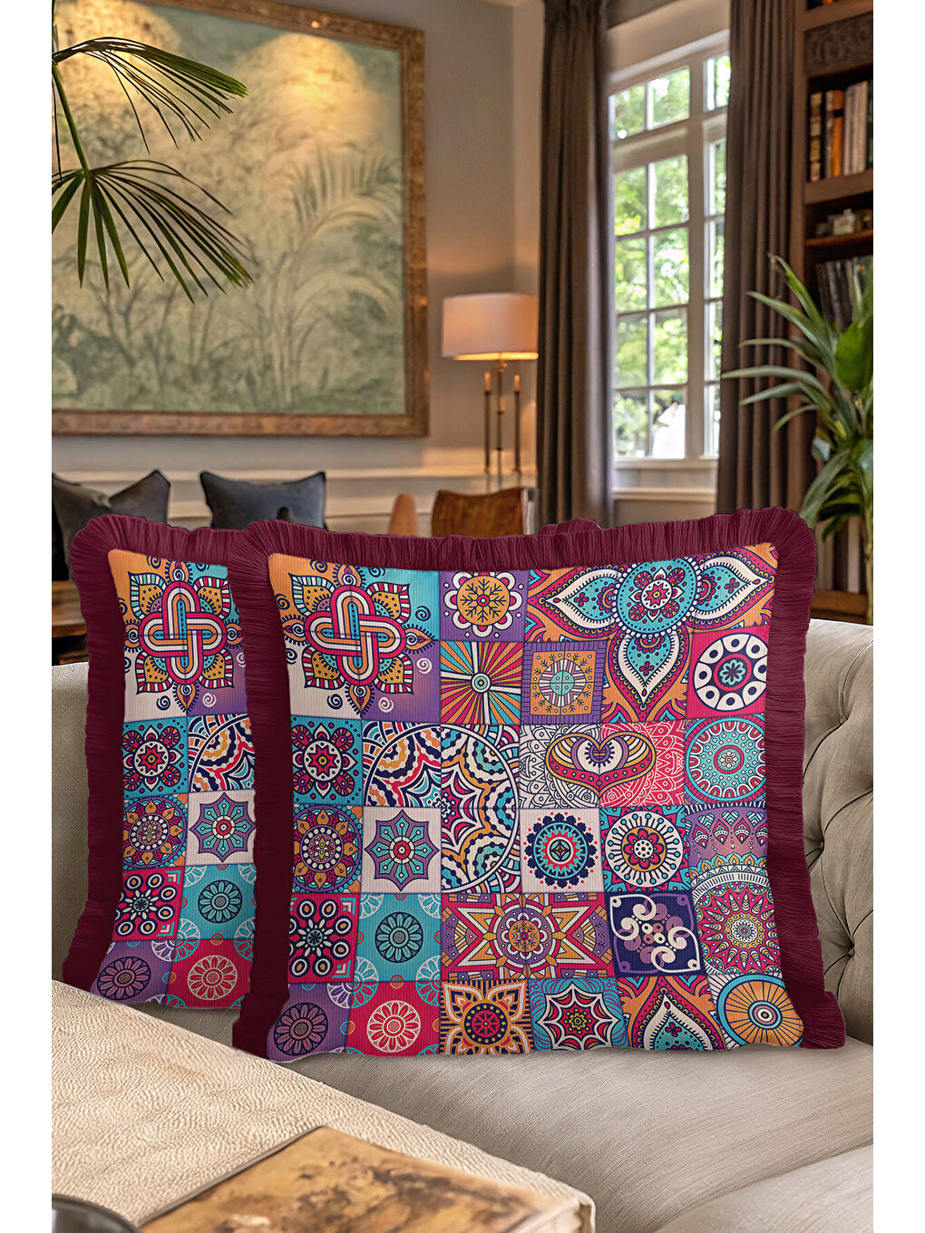 Karışık Etnik Mozaik Renkli Saçaklı Yastık Kılıfı - Mandala Bohem Mor Turkuaz Püsküllü Kırlent Kılıfı-7