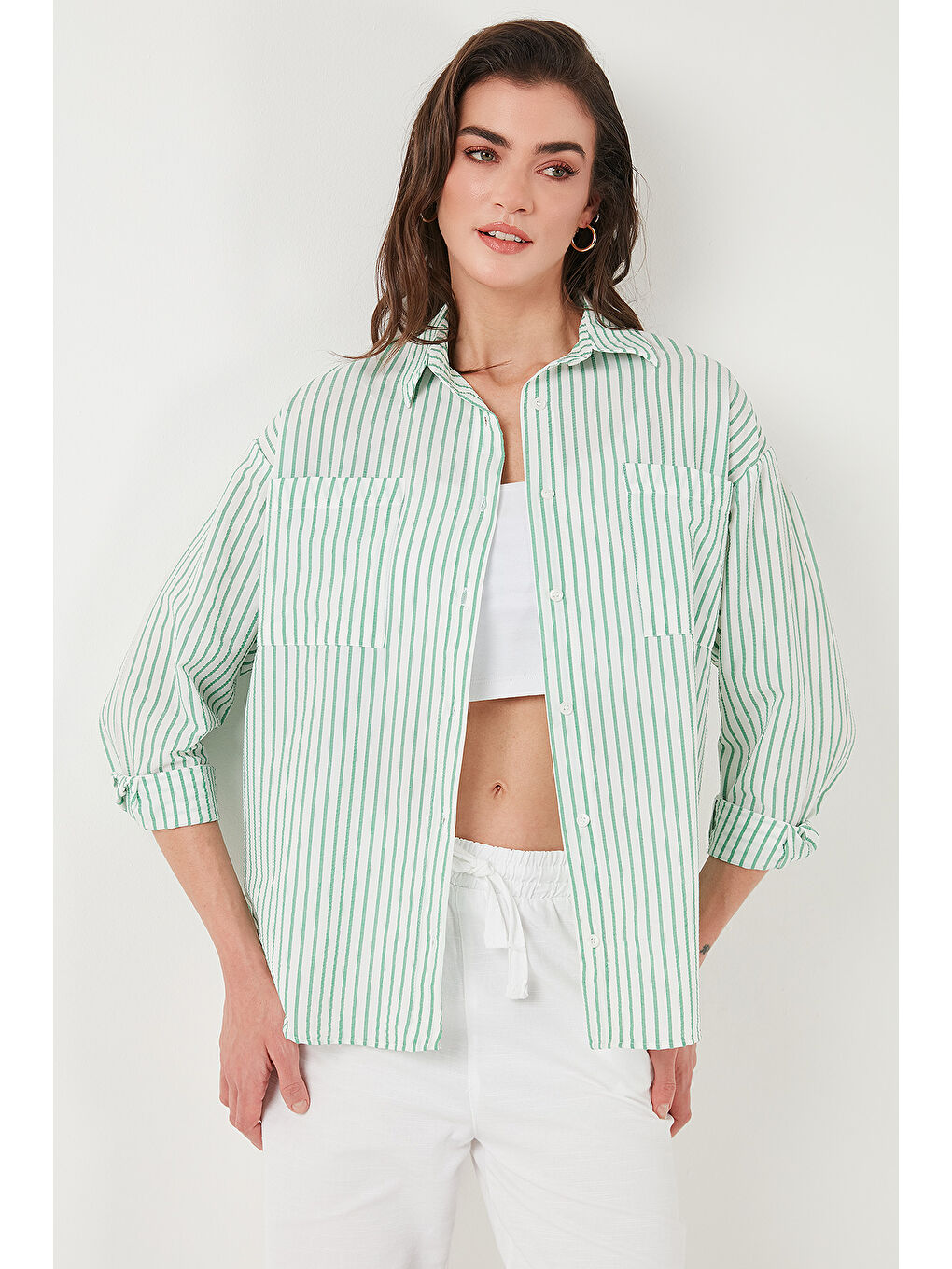 Yeşil Regular Fit Uzun Kollu Çizgili Gömlek 6772875-3