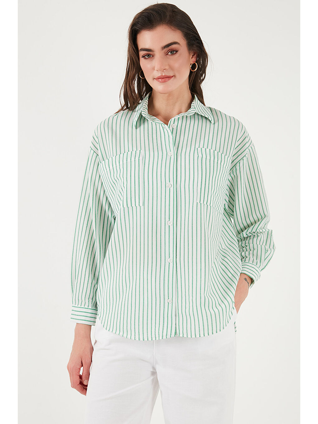 Yeşil Regular Fit Uzun Kollu Çizgili Gömlek 6772875-4