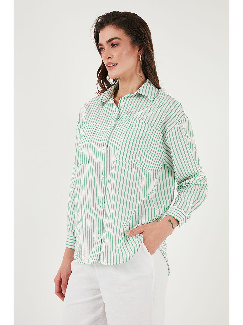 Yeşil Regular Fit Uzun Kollu Çizgili Gömlek 6772875-5