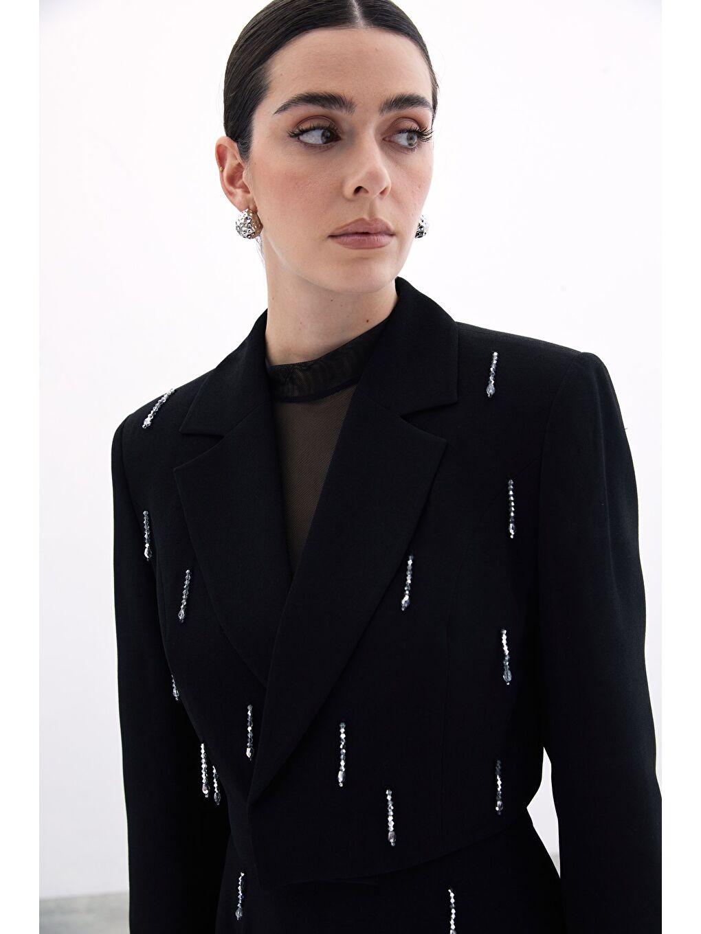 Taşlı Kısa Ceket - Siyah-4