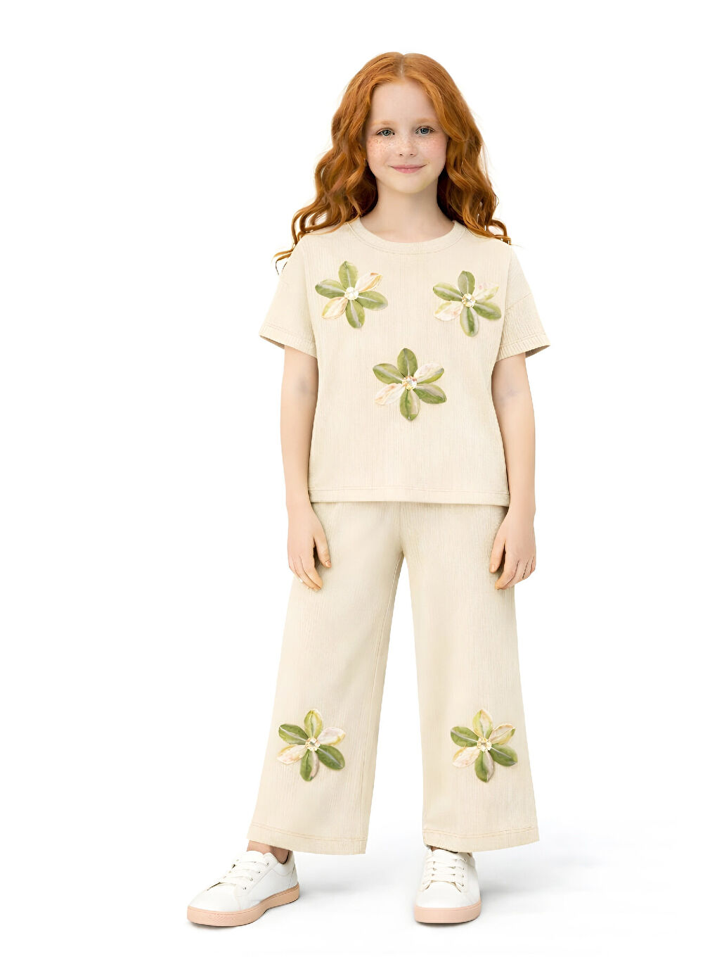 Ekru Kız Çocuk Bürümcük Kumaş Alt-Üst Takım 3-12 Yaş 12568