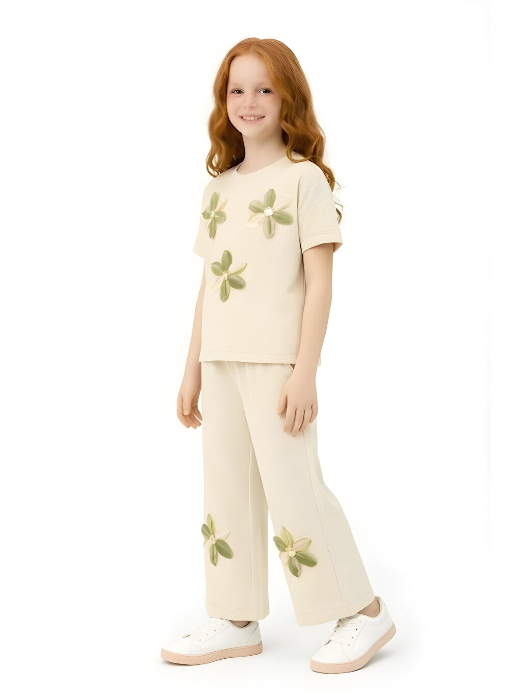 Ekru Kız Çocuk Bürümcük Kumaş Alt-Üst Takım 3-12 Yaş 12568-1