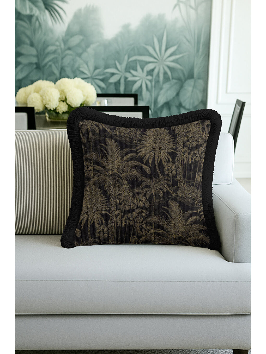 Karışık Palmiye Elegan Saçaklı Yastık Kılıfı - Tropikal Lüks Bohem Siyah Altın Renk Püsküllü Kırlent Kılıfı-1