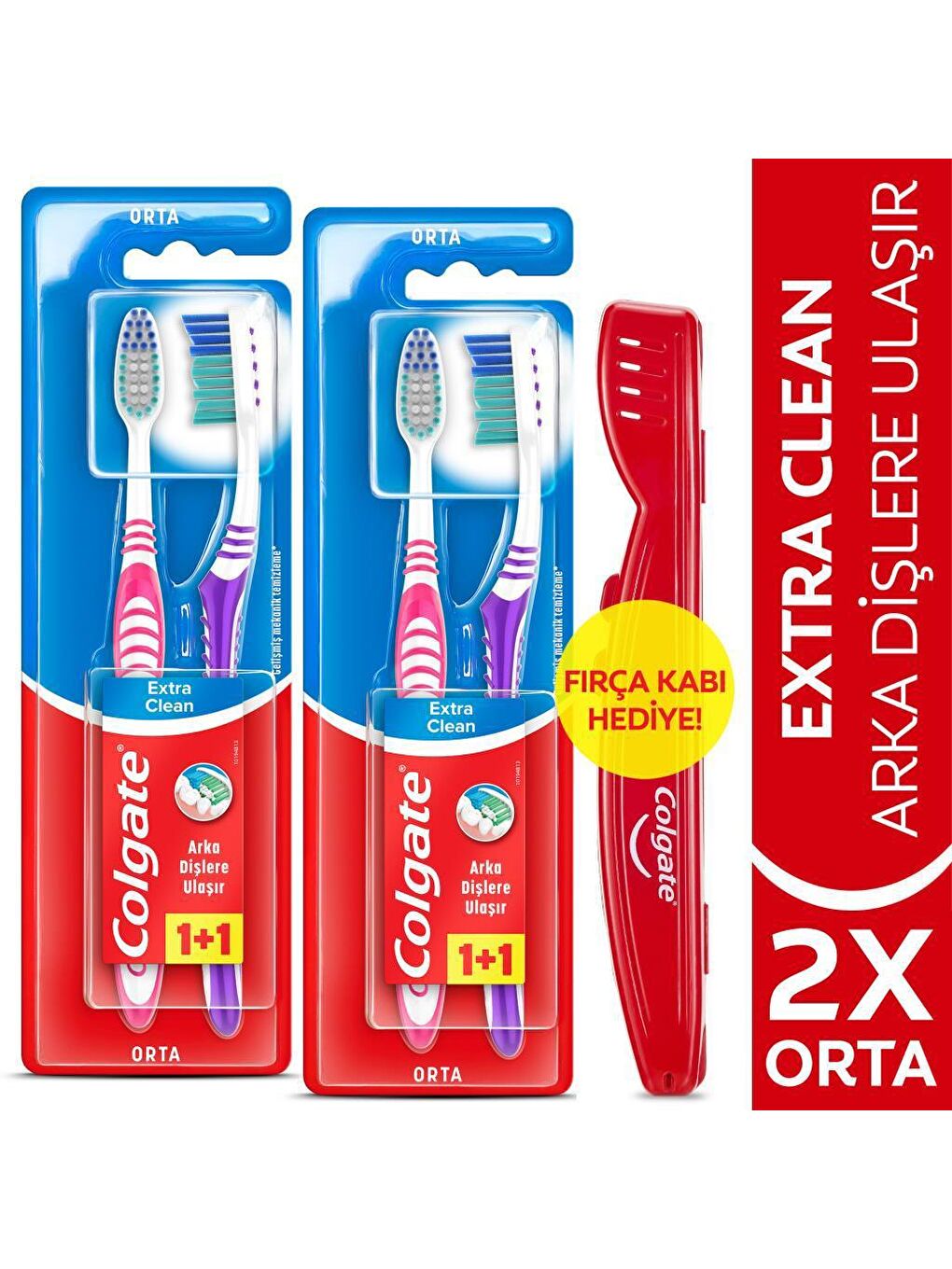 Colgate Karışık Extra Clean Orta Diş Fırçası 1+1 x 2 Adet + Diş Fırçası Kabı Hediye