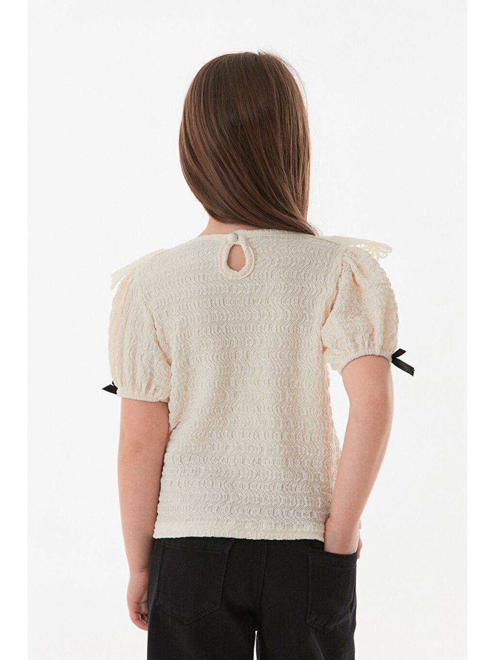 Ekru Fiyonk Ve Dantel Detaylı Bebe Yaka Kız Çocuk Bluz-3