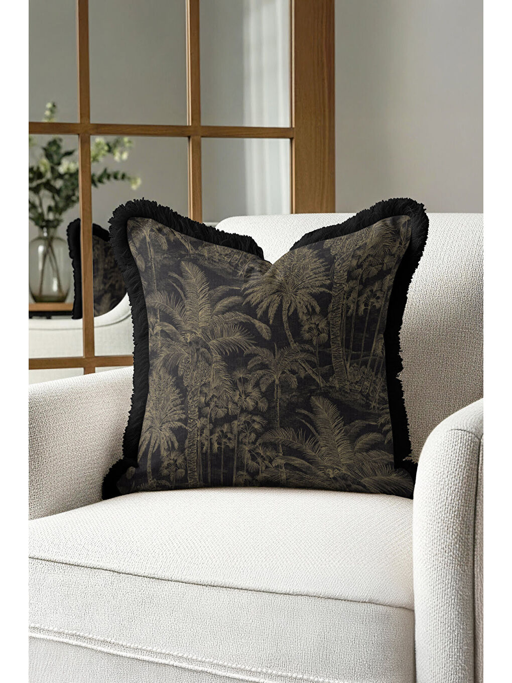 Karışık Palmiye Elegan Saçaklı Yastık Kılıfı - Tropikal Lüks Bohem Siyah Altın Renk Püsküllü Kırlent Kılıfı-2
