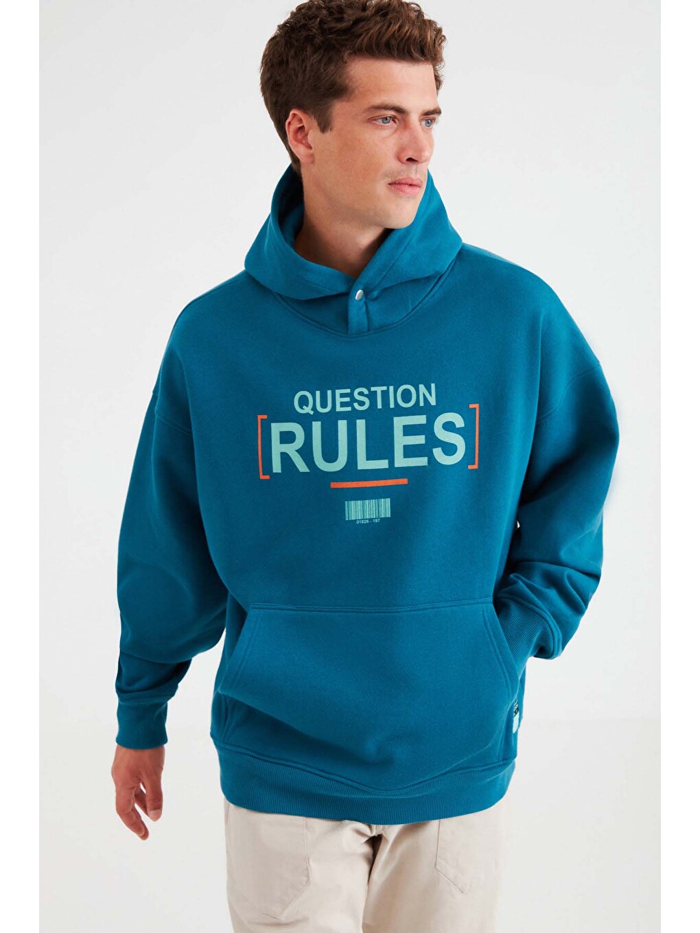Mood Erkek İçi Polarlı Yazı Baskılı Yakası Çıtçıtlı Kapüşonlu Petrol-yeşil Sweatshirt