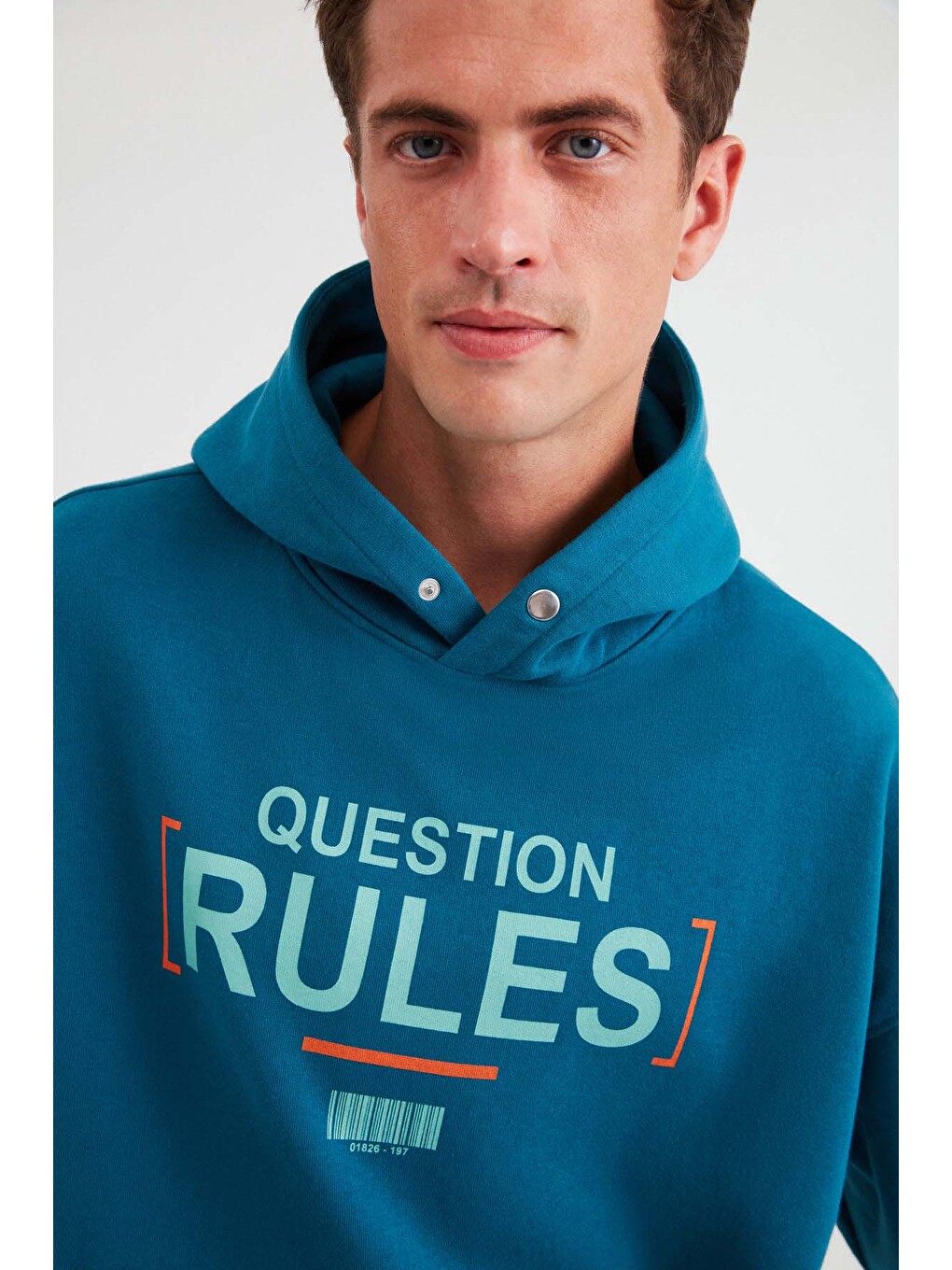 Mood Erkek İçi Polarlı Yazı Baskılı Yakası Çıtçıtlı Kapüşonlu Petrol-yeşil Sweatshirt-1