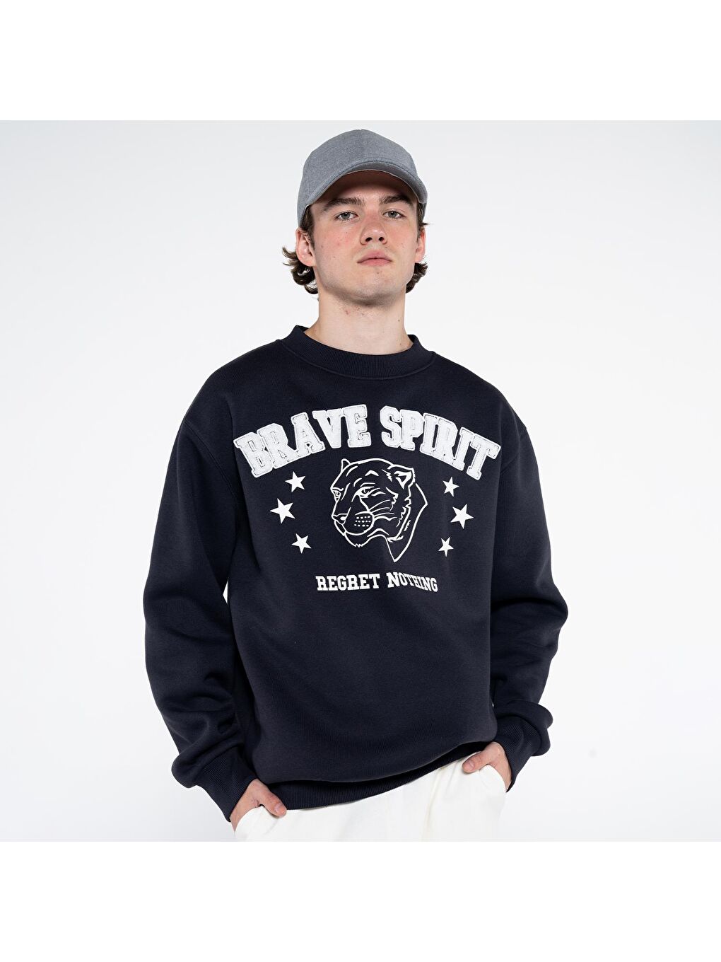 Troy Erkek Koyu Mavi Bisiklet Yaka Ekstra Oversize Sweatshirt