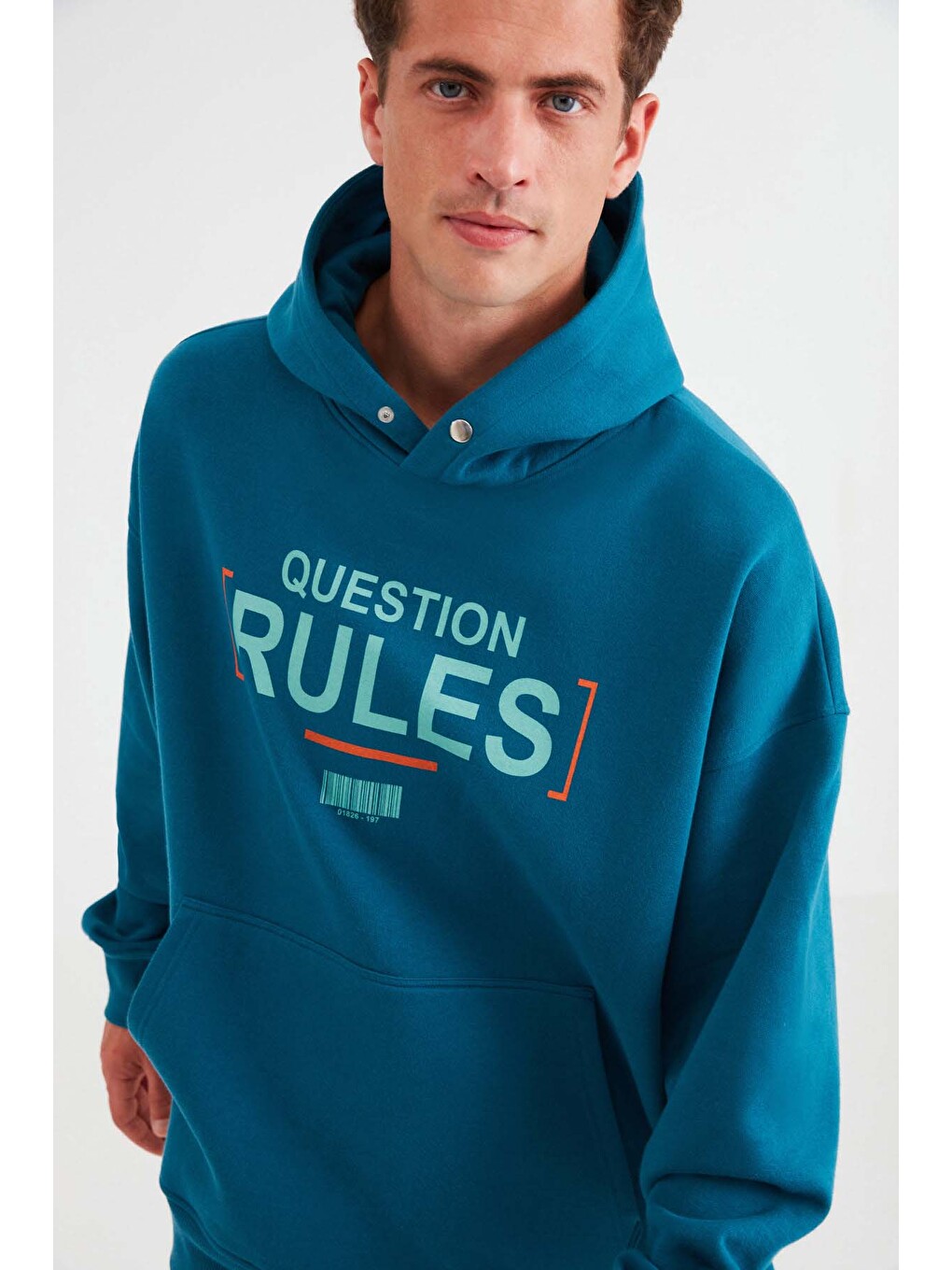 Mood Erkek İçi Polarlı Yazı Baskılı Yakası Çıtçıtlı Kapüşonlu Petrol-yeşil Sweatshirt-2