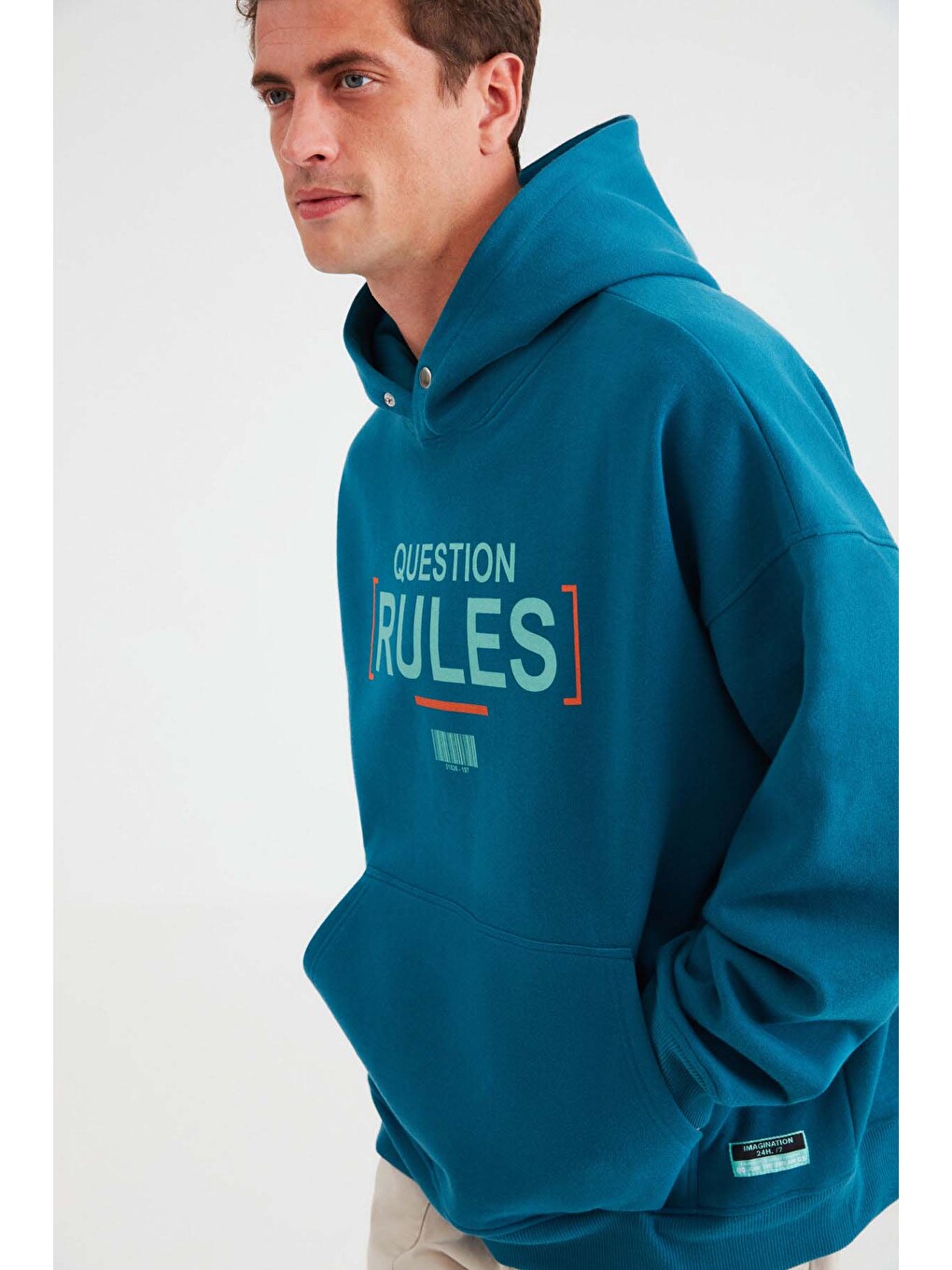 Mood Erkek İçi Polarlı Yazı Baskılı Yakası Çıtçıtlı Kapüşonlu Petrol-yeşil Sweatshirt-3