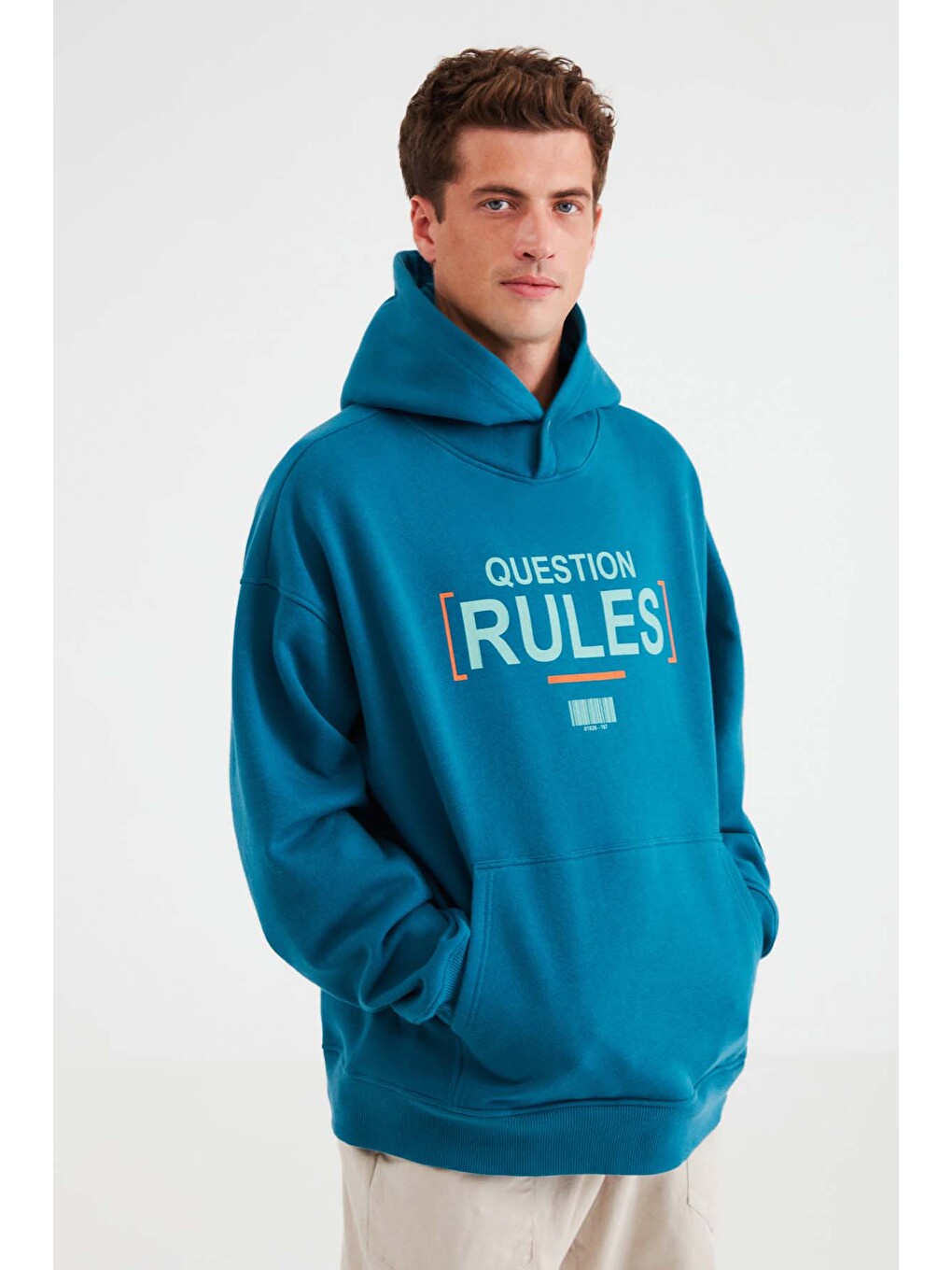 Mood Erkek İçi Polarlı Yazı Baskılı Yakası Çıtçıtlı Kapüşonlu Petrol-yeşil Sweatshirt-4