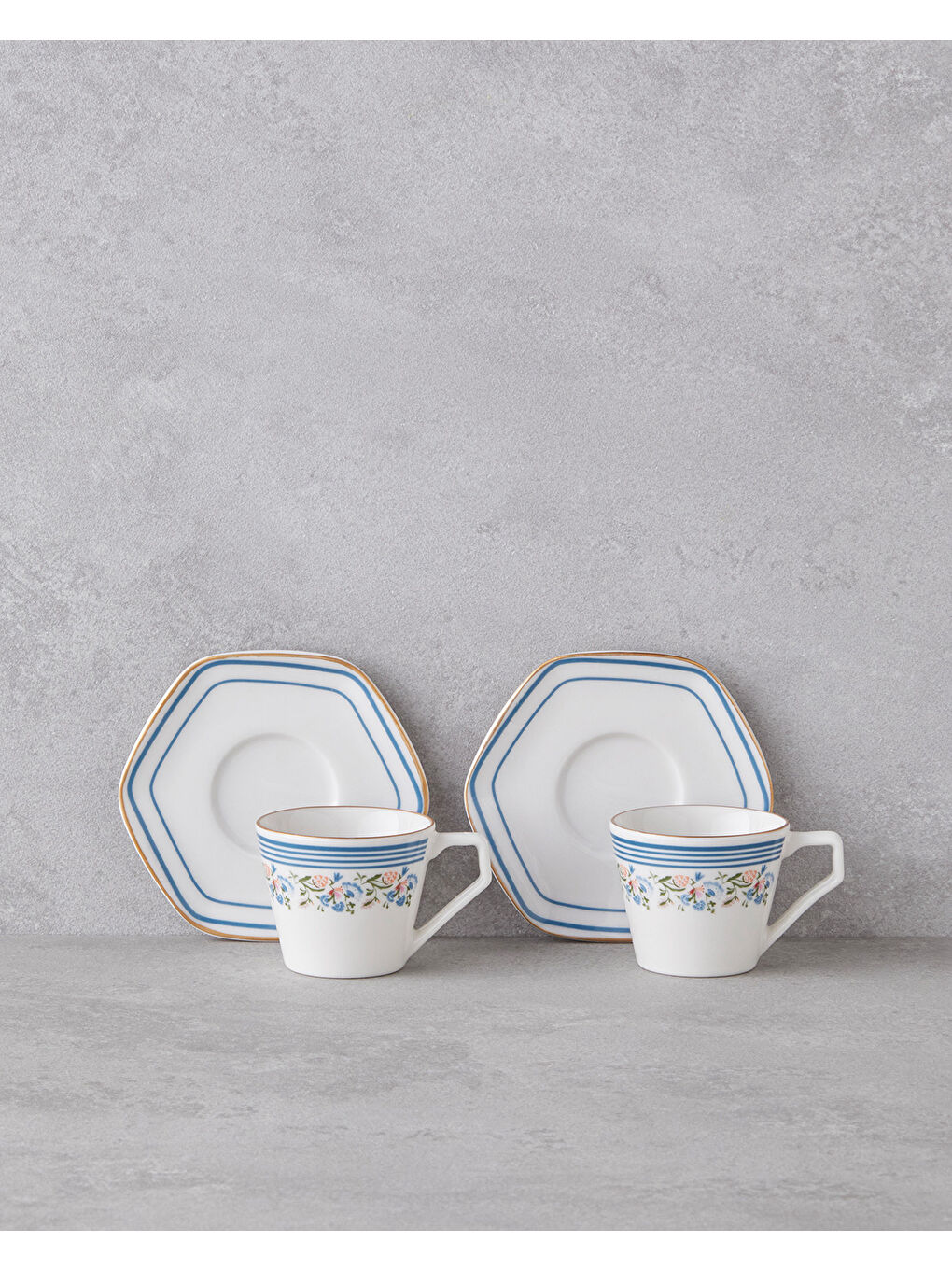 Sarı Velour Bone Porselen 12 Parça 6 Kişilik Kahve Fincan Takımı 80 ml Mavi Gold-1