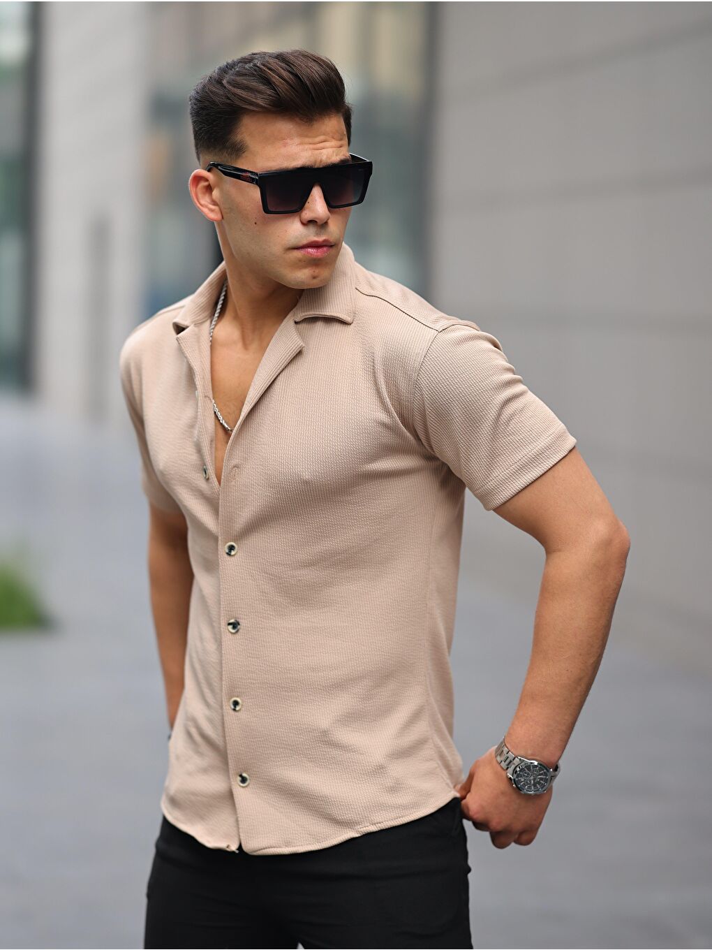 Bej Erkek Yazlık Elastanlı Slim Fit Gömlek Yaka Kısa Kollu Gömlek