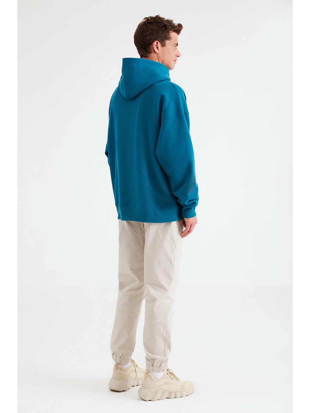 Mood Erkek İçi Polarlı Yazı Baskılı Yakası Çıtçıtlı Kapüşonlu Petrol-yeşil Sweatshirt-5