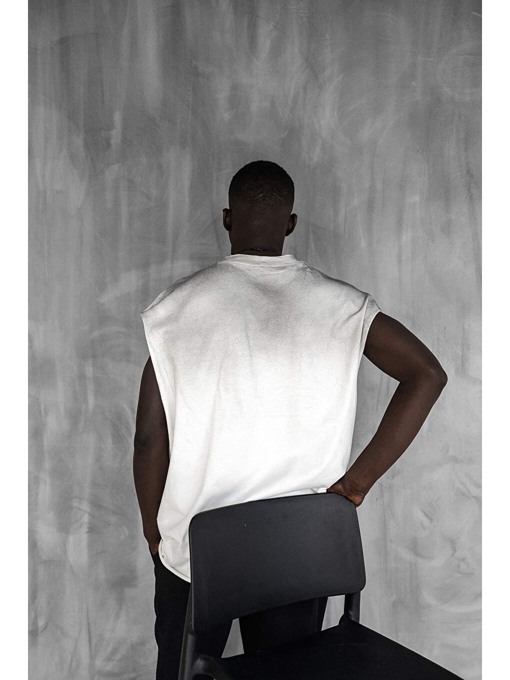 Erkek Önü İşlemeli Oversize Yıkamalı %100 Pamuk Kolsuz Tişört Ekru-2