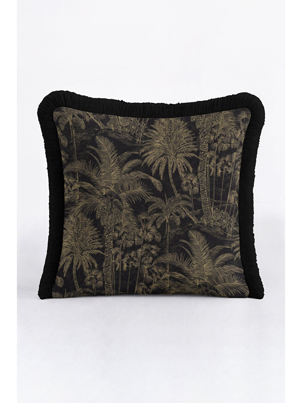 Karışık Palmiye Elegan Saçaklı Yastık Kılıfı - Tropikal Lüks Bohem Siyah Altın Renk Püsküllü Kırlent Kılıfı-3