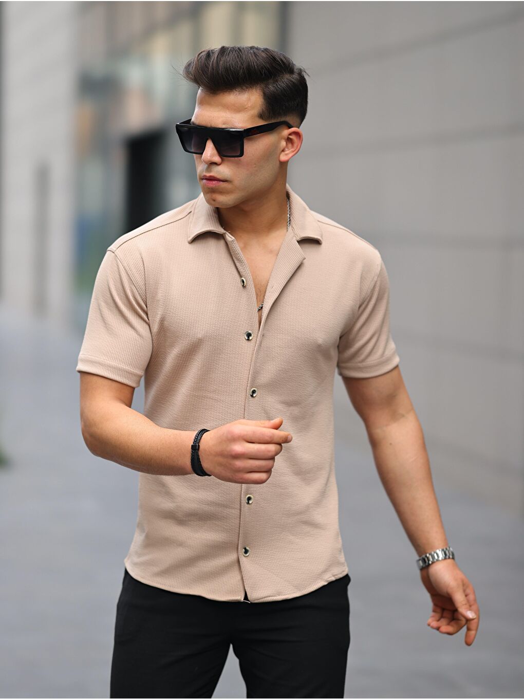 Bej Erkek Yazlık Elastanlı Slim Fit Gömlek Yaka Kısa Kollu Gömlek-2