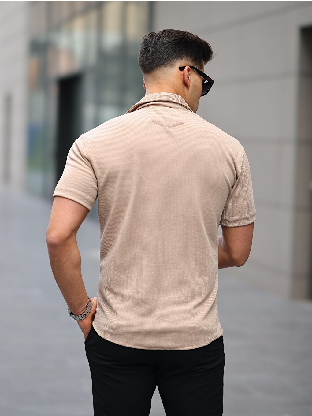 Bej Erkek Yazlık Elastanlı Slim Fit Gömlek Yaka Kısa Kollu Gömlek-3