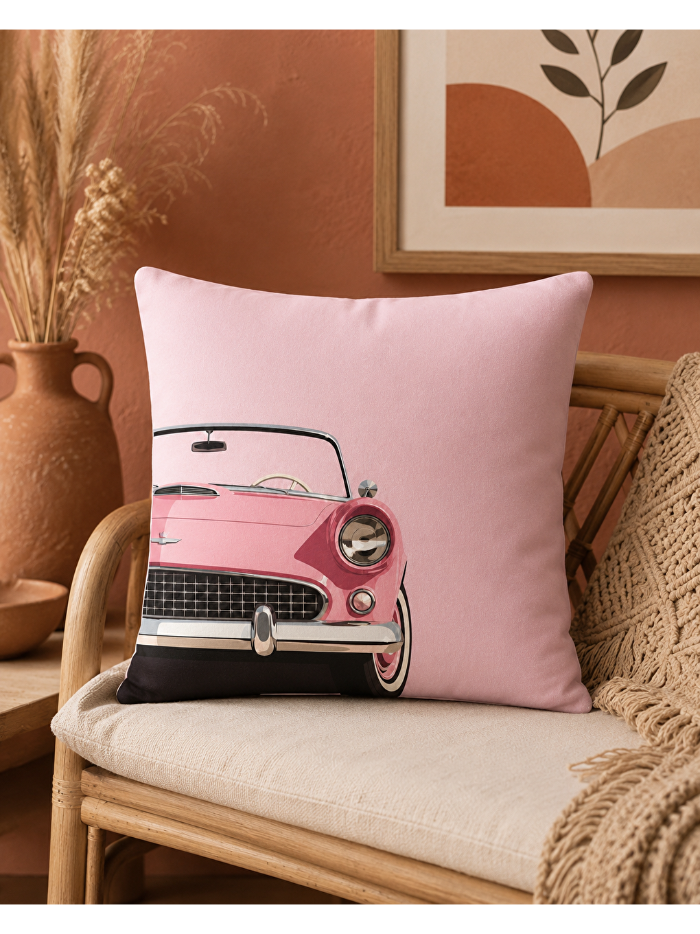 Vintage Pembe Otomobil Baskılı Dekoratif Kırlent Kılıfı 43x43 Cm Retro Salon Dekoru-4