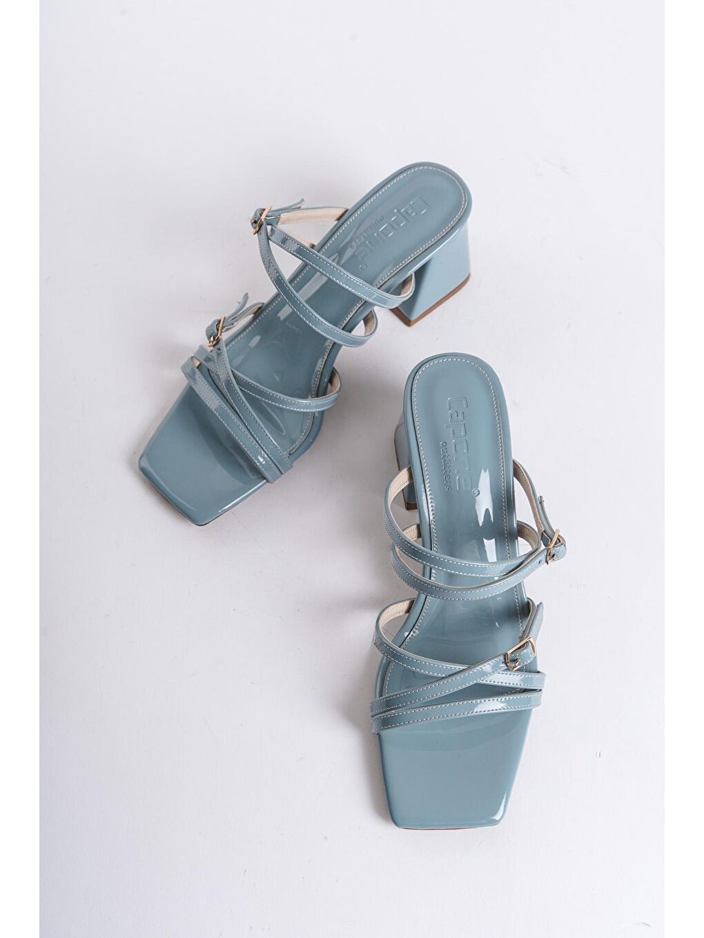 Petrol Kemer Bantlı Orta Topuklu Küt Burunlu Kadın Terlik-1